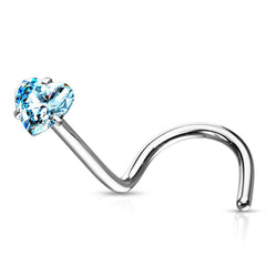 316L Surgical Steel Aqua Heart CZ Corkscrew Nose Pin Ring