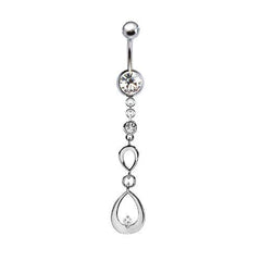 316L Surgical Steel Ascending Double Teardrop CZ Gem Dangle Belly Ring