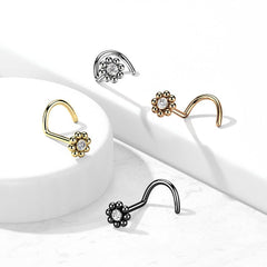 316L Surgical Steel Ball White CZ Gem Flower Corkscrew Nose Ring Stud