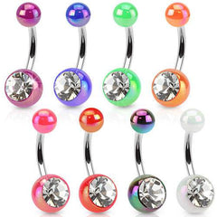 316L Surgical Steel Bar with Shine Acrylic Balls with Clear Crystal CZ Gem