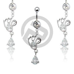 316L Surgical Steel Belly Button Navel Ring with Swan Teardrop CZ Dangle