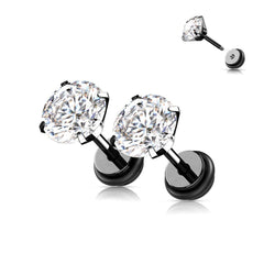 316L Surgical Steel Black PVD White CZ Round Clawed Fake Plug Earrings