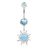 316L Surgical Steel Blue Glitter Opal Tribal Sun Belly Button Ring