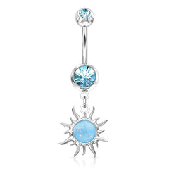 316L Surgical Steel Blue Glitter Opal Tribal Sun Belly Button Ring