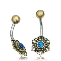 316L Surgical Steel & Brass Flower with Blue Opal Belly Ring