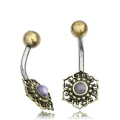 316L Surgical Steel & Brass Lotus Flower with Purple Moon Stone Belly Ring