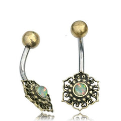 316L Surgical Steel & Brass Lotus Flower with White Opal Belly Ring