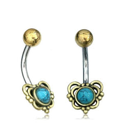 316L Surgical Steel & Brass Turquoise Heart Belly Ring