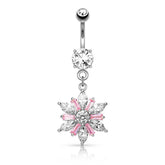 316L Surgical Steel Clear & Pink Cut CZ Snowflake Dangling Belly Ring