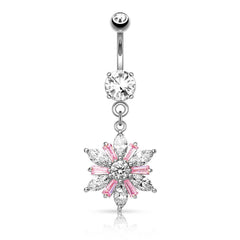 316L Surgical Steel Clear & Pink Cut CZ Snowflake Dangling Belly Ring