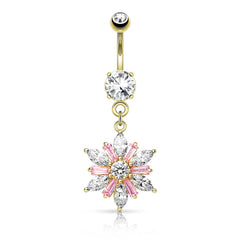 316L Surgical Steel Clear & Pink Cut CZ Snowflake Dangling Belly Ring