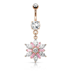 316L Surgical Steel Clear & Pink Cut CZ Snowflake Dangling Belly Ring