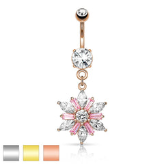 316L Surgical Steel Clear & Pink Cut CZ Snowflake Dangling Belly Ring