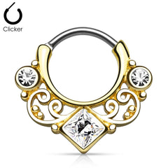 316L Surgical Steel Curved Septum Ring Clicker with Lace and CZ Gems