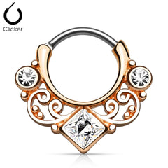 316L Surgical Steel Curved Septum Ring Clicker with Lace and CZ Gems