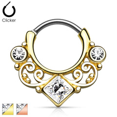 316L Surgical Steel Curved Septum Ring Clicker with Lace and CZ Gems
