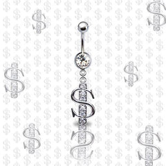 316L Surgical Steel CZ Dollar Sign Dangle Belly Ring