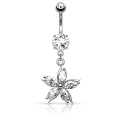 316L Surgical Steel Dangling CZ Gem Star Flower Belly Ring