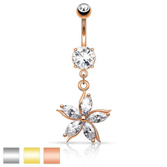 316L Surgical Steel Dangling CZ Gem Star Flower Belly Ring