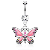 316L Surgical Steel Dangling Epoxy CZ Cute Butterfly Belly Button Navel Ring