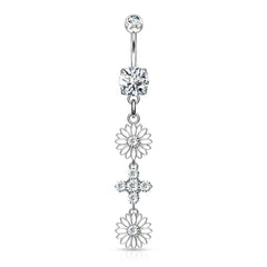 316L Surgical Steel Double CZ Flower Dangling Belly Button Ring