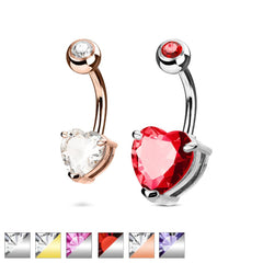 316L Surgical Steel Double Gem Heart CZ Belly Ring
