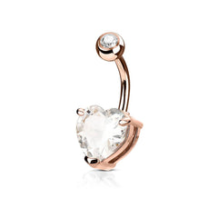 316L Surgical Steel Double Gem Heart CZ Belly Ring