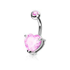 316L Surgical Steel Double Gem Heart CZ Belly Ring