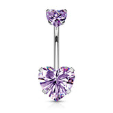 316L Surgical Steel Double Heart Tanzanite CZ Gem Belly Button Ring