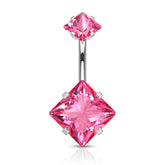 316L Surgical Steel Double Square Pink CZ Gem Belly Button Ring