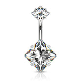 316L Surgical Steel Double Square White CZ Gem Belly Button Ring