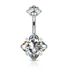 316L Surgical Steel Double Square White CZ Gem Belly Button Ring