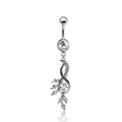 316L Surgical Steel Elegant CZ Infinity Sign with Intertwined Leaves Dangle Belly Ring
