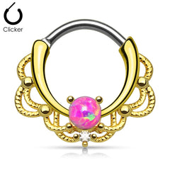 316L Surgical Steel Gold Plated Hinged Opal Stone Lace Septum Clicker Ring