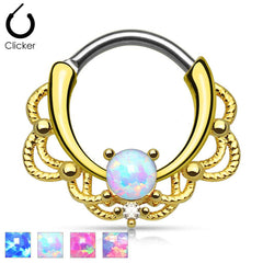 316L Surgical Steel Gold Plated Hinged Opal Stone Lace Septum Clicker Ring