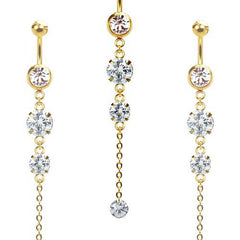 316L Surgical Steel Gold PVD 3 Descending Gem Dangle Belly Ring