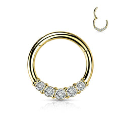 316L Surgical Steel Gold PVD 5 White CZ Gem Dainty Septum Ring Hinged Clicker Hoop