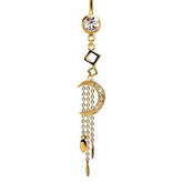 316L Surgical Steel Gold PVD CZ Moon with Chain Teardrops Dangle Belly Ring