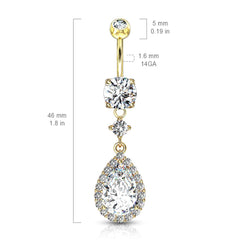 316L Surgical Steel Gold PVD Teardrop White CZ Pave Dangle Belly Ring