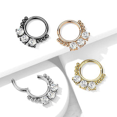 316L Surgical Steel Gold PVD White CZ Beaded Hinged Septum Clicker Hoop