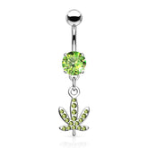 316L Surgical Steel Green CZ Weed Leaf Dangle Belly Ring
