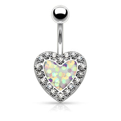 316L Surgical Steel Heart Paved Rim With Opal Glitter Center Belly Ring