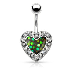 316L Surgical Steel Heart Paved Rim With Opal Glitter Center Belly Ring