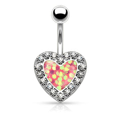 316L Surgical Steel Heart Paved Rim With Opal Glitter Center Belly Ring