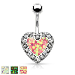 316L Surgical Steel Heart Paved Rim With Opal Glitter Center Belly Ring