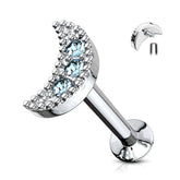 316L Surgical Steel Internally Threaded Aqua CZ Moon Crescent Labret