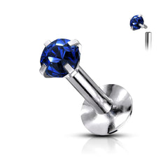 316L Surgical Steel Internally Threaded Blue Circle Prong CZ Flat Back Labret Stud