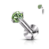 316L Surgical Steel Internally Threaded Green Circle Prong CZ Flat Back Labret Stud