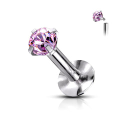 316L Surgical Steel Internally Threaded Pink Circle Prong CZ Flat Back Labret Stud