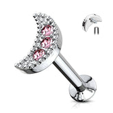 316L Surgical Steel Internally Threaded Pink CZ Moon Crescent Labret